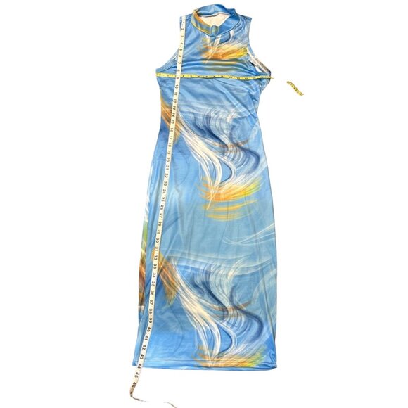 Summer Paradise Sleeveless Cut-Out Bodycon Dress in Blue/Gold Size Medium - Picture 7 of 9